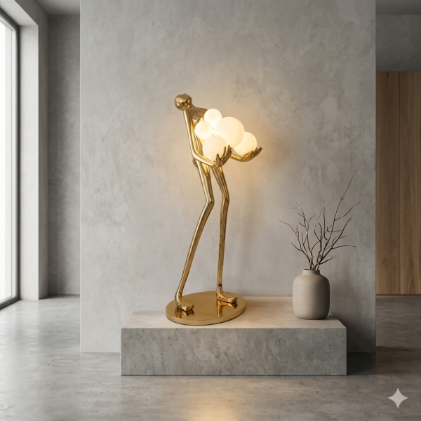 Lampa podłogowa WOMAN 180 cm – złota figura kobiety z białymi kloszami Step Into Design
